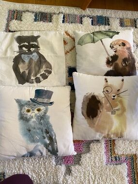Set of 4 Cute Animal Watercolor Throw Pillow covers cases- Neutral Tones